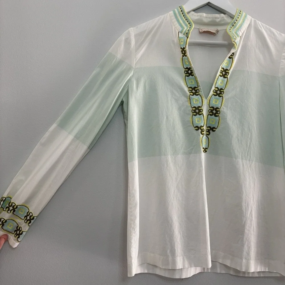 Tory Burch Long Sleeve Embroidered Tunic Isla‎ Collins Stripe Top 2 Cotton Chic